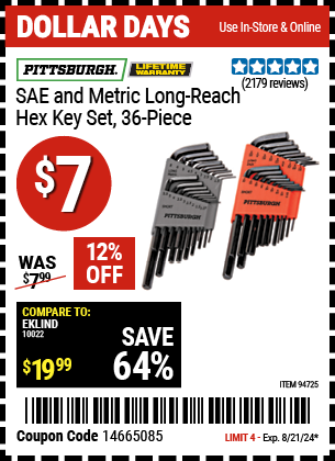 Buy the PITTSBURGH SAE & Metric Long Reach Hex Key Set 36 Pc. (Item 94725) for $7, valid through 8/21/2024.