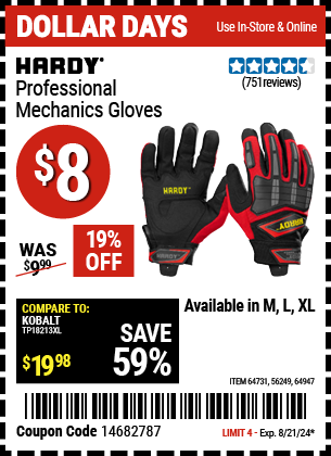 Buy the HARDY Professional Mechanics Gloves (Item 56249/64731/64947) for $8, valid through 8/21/2024.