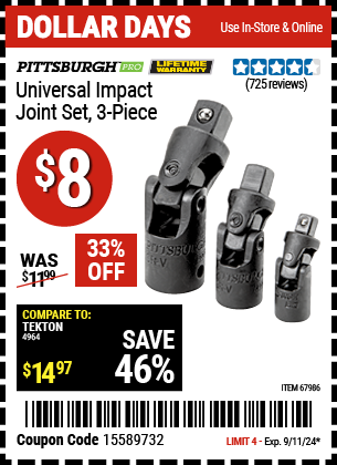 Buy the PITTSBURGH Universal Impact Joint Socket Adapter Set, 3 Pc. (Item 67986) for $8, valid through 9/11/2024.