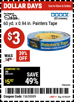 Buy the STIKTEK 60 yd. x 0.94 in. Painter's Tape (Item 63244) for $3, valid through 9/18/2024.