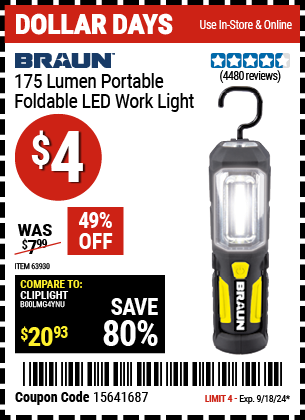 Buy the BRAUN Portable Folding LED Work Light (Item 63930) for $4, valid through 9/18/2024.