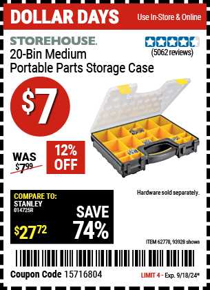 Buy the STOREHOUSE 20-Bin Medium Portable Parts Storage Case (Item 93928/62778) for $7, valid through 9/18/2024.