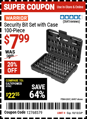 Buy the WARRIOR Security Bit Set with Case, 100 Pc. (Item 68457/62657) for $7.99, valid through 10/13/2024.