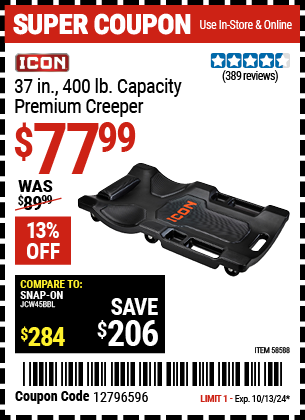 Buy the ICON 37 in. 400 lb. Capacity Premium Creeper, Black (Item 58588) for $77.99, valid through 10/13/2024.