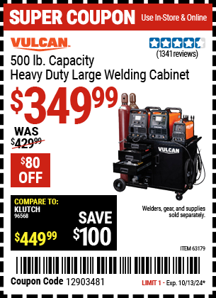 Buy the VULCAN Heavy Duty Large Welding Cabinet (Item 63179) for $349.99, valid through 10/13/2024.