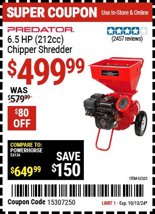 Buy the PREDATOR 6.5 HP (212cc) Chipper Shredder (Item 62323) for $499.99, valid through 10/13/2024.