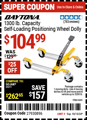 Buy the DAYTONA 1300 lb. Self-Loading Positioning Wheel Dolly (Item 64601) for $104.99, valid through 10/13/2024.