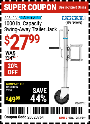 Buy the HAUL-MASTER 1000 lb. Swing-Back Bolt-On Trailer Jack (Item 57732) for $27.99, valid through 10/13/2024.