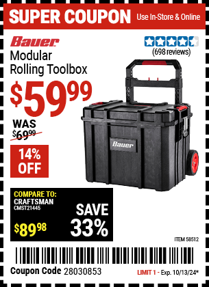 Buy the BAUER Modular Rolling Tool Box (Item 58512) for $59.99, valid through 10/13/2024.