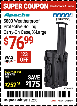 Buy the APACHE 5800 Weatherproof Protective Rolling Carry-On Case, X-Large (Item 64819) for $76.99, valid through 10/13/2024.