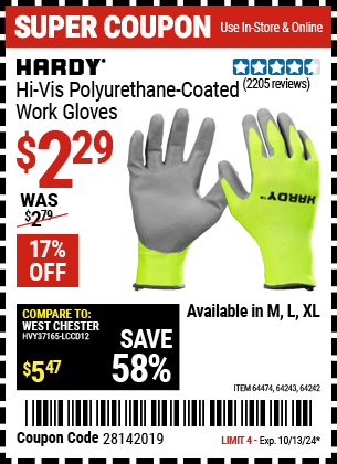 Buy the HARDY Touchscreen Hi-Vis Polyurethane Coated Work Gloves (Item 64242/64243/64474) for $2.29, valid through 10/13/2024.