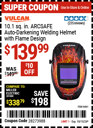 Buy the VULCAN 10.1 sq. in. ARCSAFE Auto-Darkening Welding Helmet with Flame Design (Item 56861) for $139.99, valid through 10/13/2024.