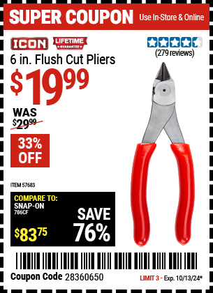 Buy the ICON 6 in. Flush Cut Pliers (Item 57683) for $19.99, valid through 10/13/2024.