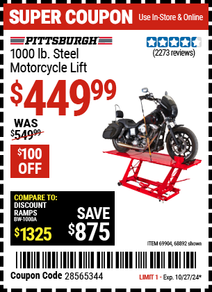 Buy the PITTSBURGH 1000 lb. Steel Motorcycle Lift (Item 68892/69904) for $449.99, valid through 10/27/2024.