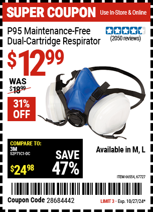 Buy the GERSON P95 Maintenance-Free Dual Cartridge Respirator (Item 66554/67727) for $12.99, valid through 10/27/2024.