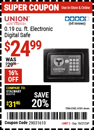 Buy the UNION SAFE COMPANY 0.19 cu. ft. Electronic Digital Safe (Item 62981/62982) for $24.99, valid through 10/27/2024.