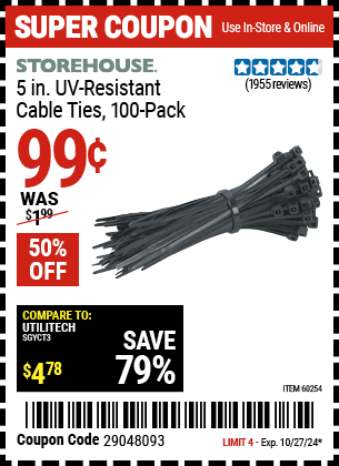 Buy the STOREHOUSE 5 in. Black Cable Ties 100 Pk. (Item 60254) for $0.99, valid through 10/27/2024.