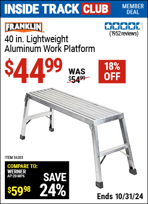 Inside Track Club members can Buy the FRANKLIN 40 in. Lightweight Aluminum Work Platform (Item 56203) for $44.99, valid through 10/31/2024.