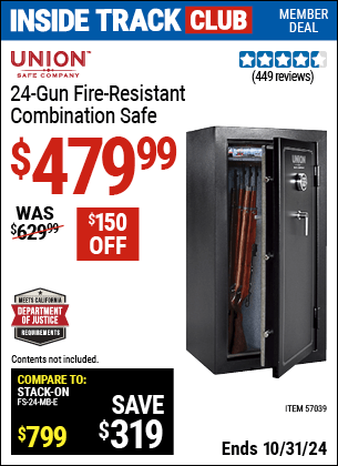 Inside Track Club members can Buy the UNION SAFE COMPANY 24 Gun Fire Resistant Combination Safe (Item 57039) for $479.99, valid through 10/31/2024.