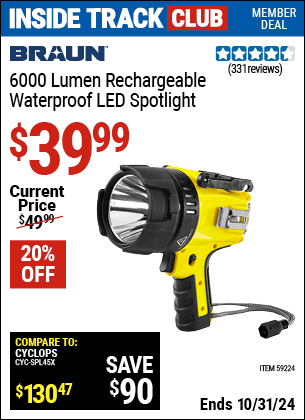 Inside Track Club members can Buy the BRAUN 6000 Lumen Rechargeable Waterpoof LED Spotlight (Item 59224) for $39.99, valid through 10/31/2024.