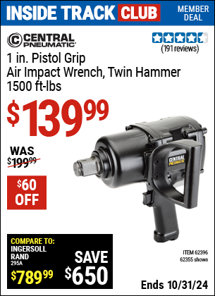 Inside Track Club members can Buy the CENTRAL PNEUMATIC 1 in. Pistol Grip Air Impact Wrench (Item 62355/62396) for $139.99, valid through 10/31/2024.