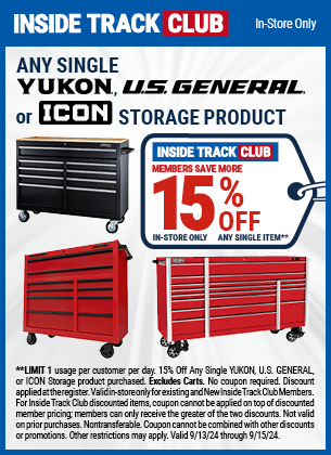 Save 15% Off Any Single YUKON, U.S. GENERAL or ICON Storage Product, valid through 9/15/2024.