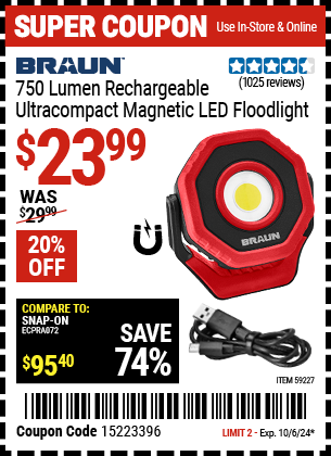 Buy the BRAUN 750 Lumen LED Ultracompact Magnetic Rechargeable Floodlight, Red (Item 59227) for $23.99, valid through 10/6/2024.