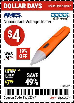 Buy the AMES Non-Contact Voltage Tester (Item 63919) for $4, valid through 9/25/2024.