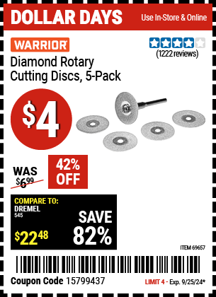 Buy the WARRIOR Diamond Rotary Cutting Discs 5 Pk. (Item 69657) for $4, valid through 9/25/2024.