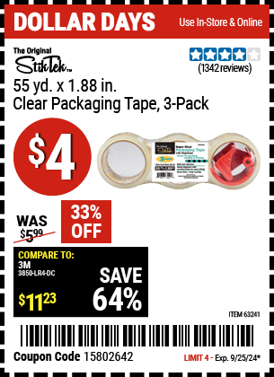 Buy the STIKTEK 1.88 in. x 55 yd. Clear Packaging Tape 3 Pk. (Item 63241) for $4, valid through 9/25/2024.