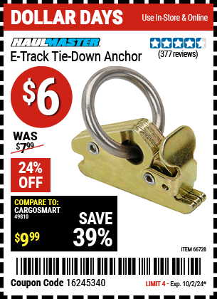 Buy the HAUL-MASTER E-Track Ring (Item 66728) for $6, valid through 10/2/2024.