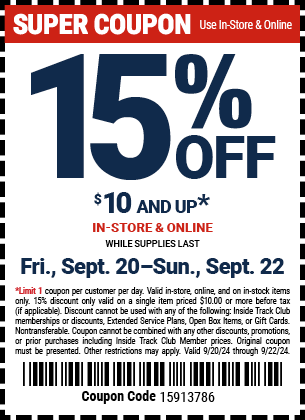 Save 15% Off Any Single Item Over $10, valid through 9/22/2024.