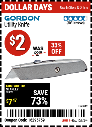 Buy the GORDON Retractable Utility Knife (Item 03359) for $2, valid through 10/9/2024.