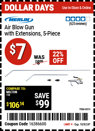 Buy the MERLIN Air Blow Gun with 2 ft. Extension, 5-Piece (Item 63574) for $7, valid through 10/9/2024.