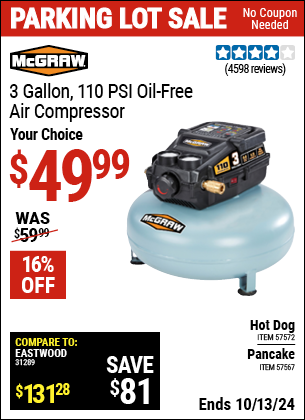 Buy the MCGRAW 3 Gallon 110 PSI Oil-Free Pancake or Hot Dog Air Compressor (Item 57567/57572) for $49.99, valid through 10/13/2024.