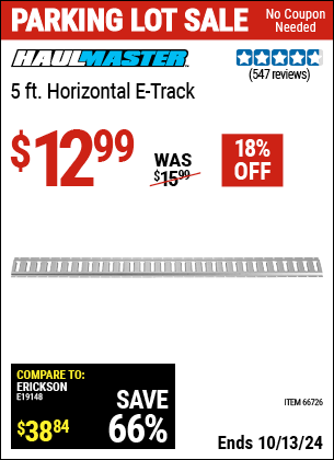 Buy the HAUL-MASTER 5 ft. Horizontal E-Track (Item 66726) for $12.99, valid through 10/13/2024.