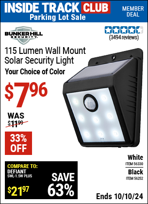 Inside Track Club members can Buy the BUNKER HILL SECURITY Wall Mount Security Light (Item 56252/56330) for $7.96, valid through 10/10/2024.