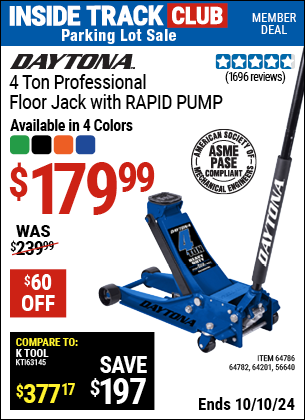 Inside Track Club members can Buy the DAYTONA 4 Ton Professional RAPID PUMP Floor Jack (Item 56640/64201/64782/56263/64786) for $179.99, valid through 10/10/2024.