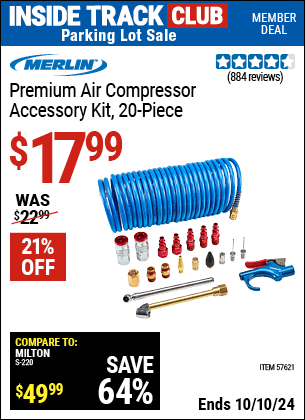 Inside Track Club members can Buy the MERLIN Premium Air Compressor Accessory Kit, 20 Pc. (Item 57621) for $17.99, valid through 10/10/2024.