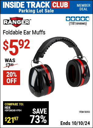 Inside Track Club members can Buy the RANGER Foldable Ear Muffs (Item 58353) for $5.92, valid through 10/10/2024.