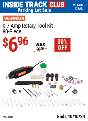 Inside Track Club members can Buy the WARRIOR 0.7 Amp Rotary Tool Kit, 80-Piece (Item 58999) for $6.96, valid through 10/10/2024.