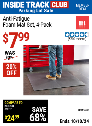 Inside Track Club members can Buy the HFT Anti-Fatigue Foam Mat Set 4 Pc. (Item 94635) for $7.99, valid through 10/10/2024.