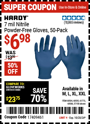 Buy the HARDY 7 mil Nitrile Powder-Free Gloves, 50 Pack (Item 57158/68504/68505/61773/68506) for $6.98, valid through 10/20/2024.