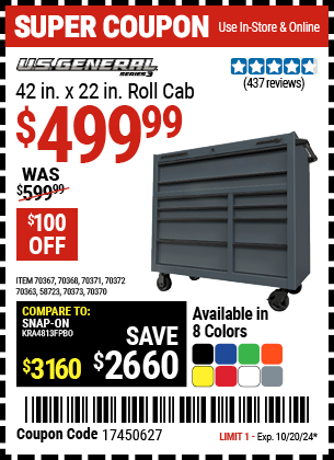 Buy the U.S. GENERAL 42 in. x 22 in. Roll Cab, Series 3 (Item 58723/70363/70367/70368/70370/70371/70372/70373) for $499.99, valid through 10/20/2024.