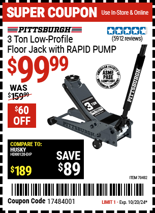 Buy the PITTSBURGH 3 Ton Low-Profile Floor Jack with RAPID PUMP, Slate gray (Item 70482) for $99.99, valid through 10/20/2024.