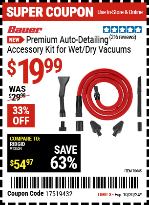 Buy the BAUER Premium Auto Detailing Accessory Kit for Wet/Dry Vacuums (Item 70645) for $19.99, valid through 10/20/2024.