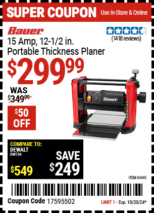 Buy the BAUER 15 Amp 12-1/2 in. Portable Thickness Planer (Item 63445) for $299.99, valid through 10/20/2024.