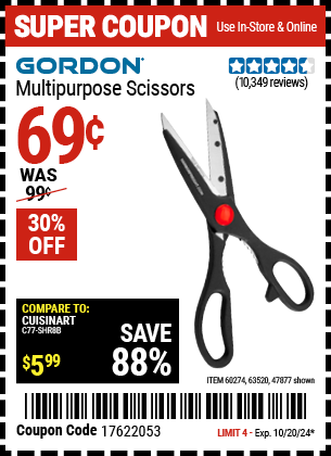 Buy the GORDON Multi-Purpose Scissors (Item 47877/60274/63520) for $0.69, valid through 10/20/2024.