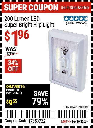 Buy the 200 Lumen LED Super Bright Flip Light (Item 64723/63922) for $1.96, valid through 10/20/2024.