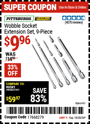 Buy the PITTSBURGH Wobble Socket Extension Set, 9-Piece (Item 67971) for $9.96, valid through 10/20/2024.